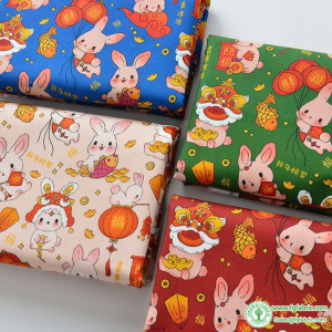 Patchwork Cotton Handmade Fabric Digital Printing Chinese Style Rabbit Lion Dance by Half Meter