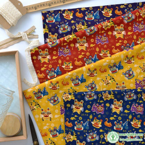 Cotton Fabric Tiger Purple Yellow Red Chinese Style New Year Cloth for DIY Handmade By Half Meter